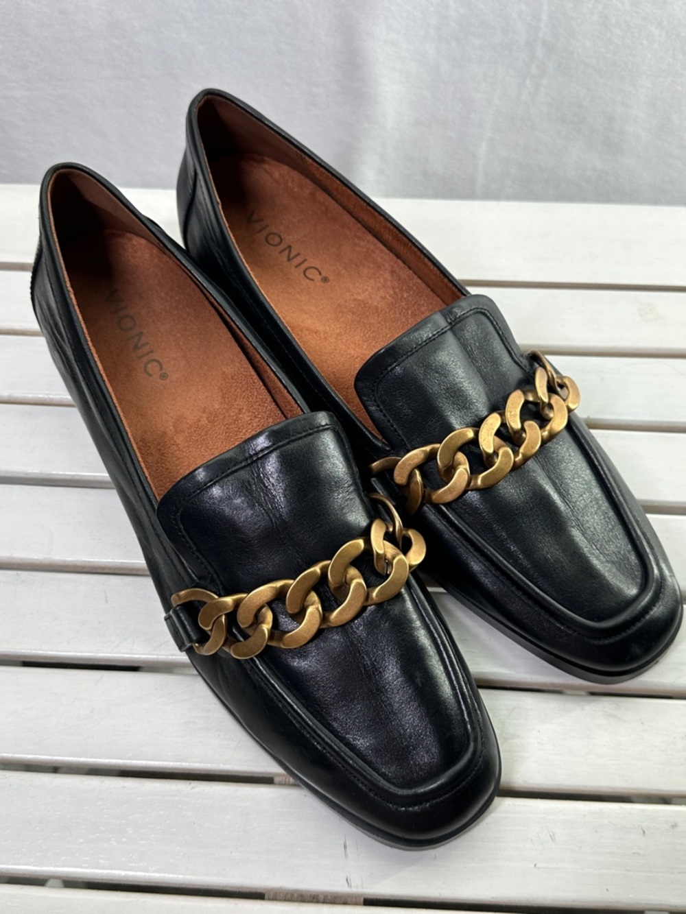 Vionic Black Leather Chain-Accent Loafers - Picture 2 of 10